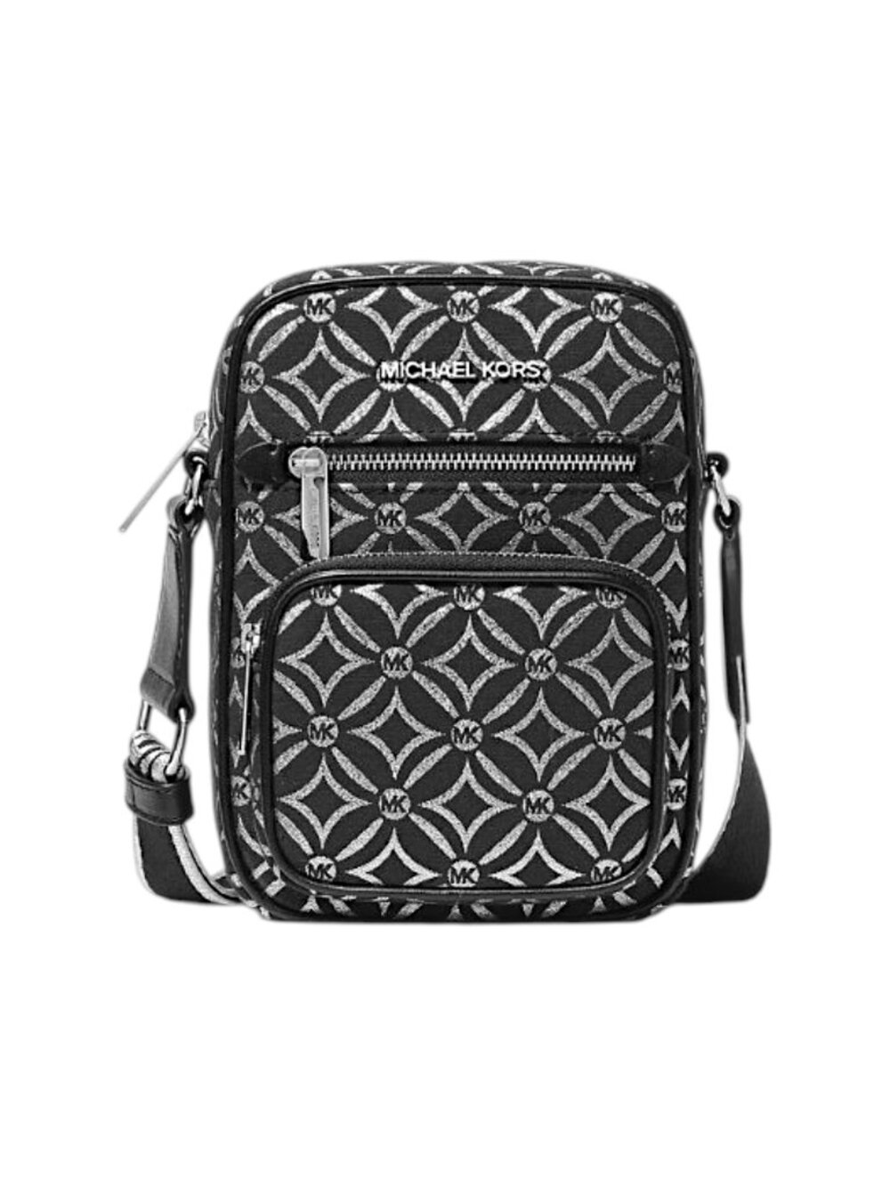 NWT Michael Kors Jet Set Crossbody Black Metallic Silver Logo Jacquard - Picture 2 of 10